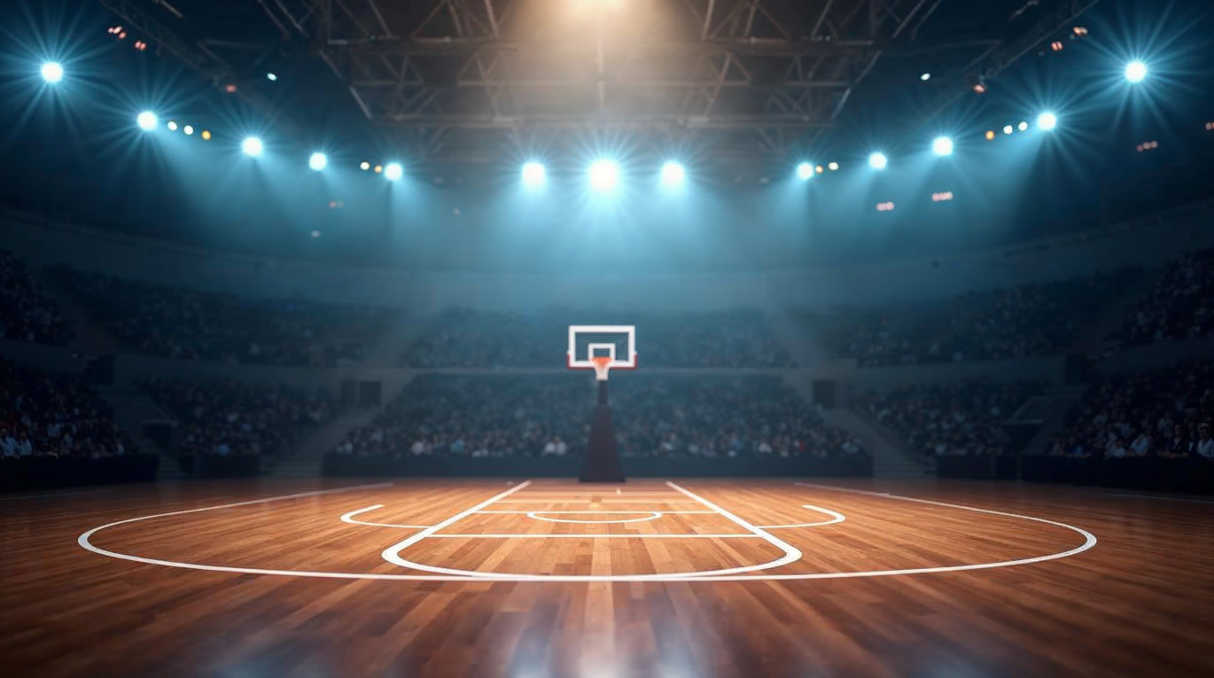 Ballon de basket au centre d'une salle NBA sous les projecteurs