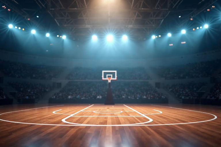 Ballon de basket au centre d'une salle NBA sous les projecteurs
