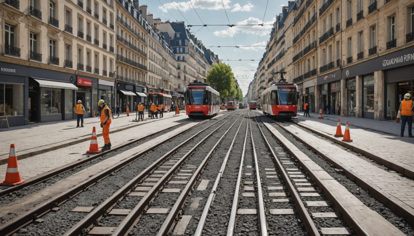Chantier de renovation de voies de tramway en milieu urbain en France