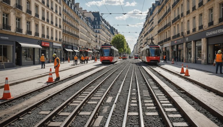 Chantier de renovation de voies de tramway en milieu urbain en France