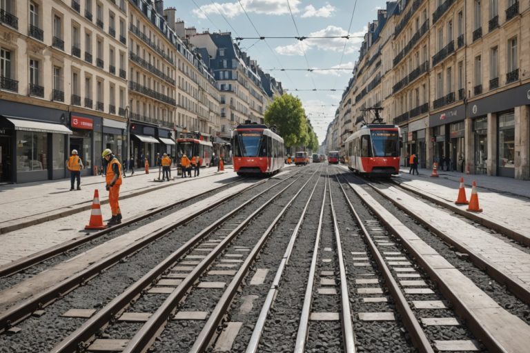 Chantier de renovation de voies de tramway en milieu urbain en France