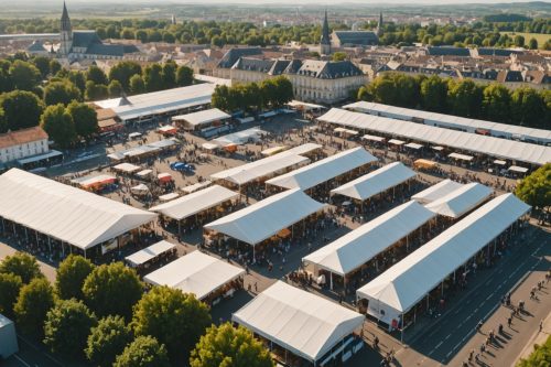 Vue aérienne d'une foire régionale française avec stands d'exposition et ville en arrière-plan
