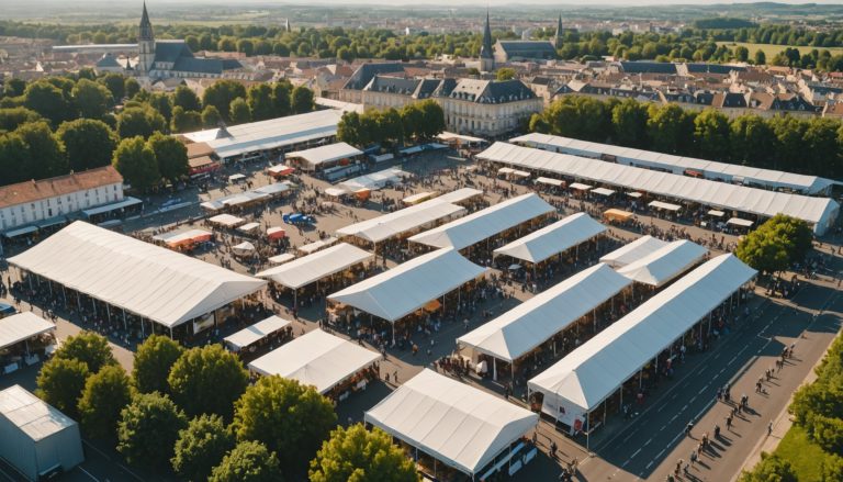 Vue aérienne d'une foire régionale française avec stands d'exposition et ville en arrière-plan