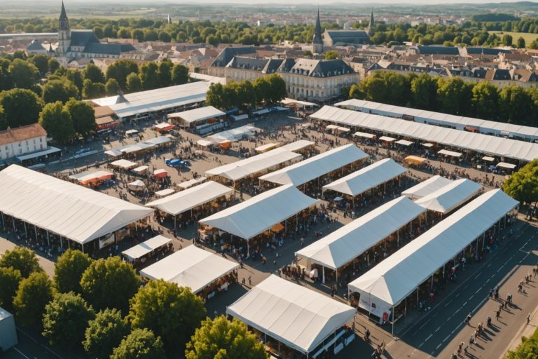 Vue aérienne d'une foire régionale française avec stands d'exposition et ville en arrière-plan