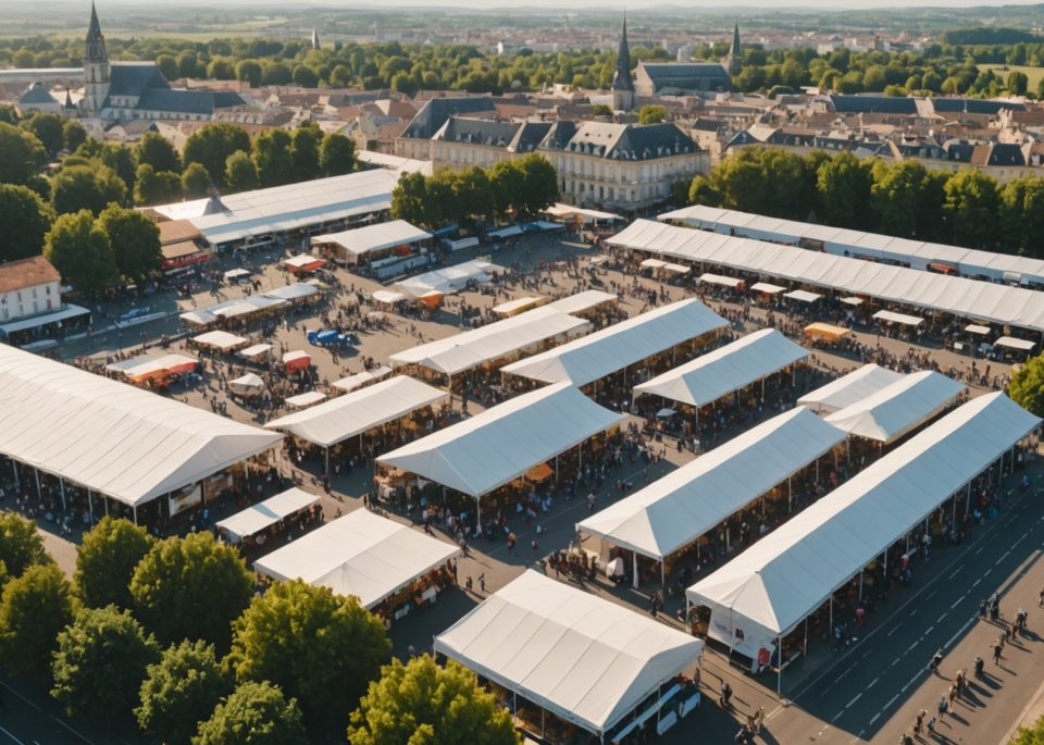 Vue aérienne d'une foire régionale française avec stands d'exposition et ville en arrière-plan