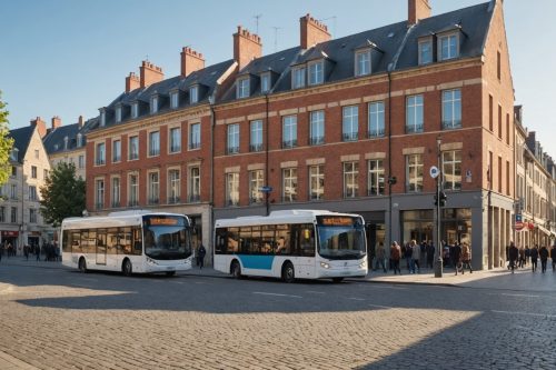 Rue commerçante d'une ville française avec un bus urbain à un arrêt