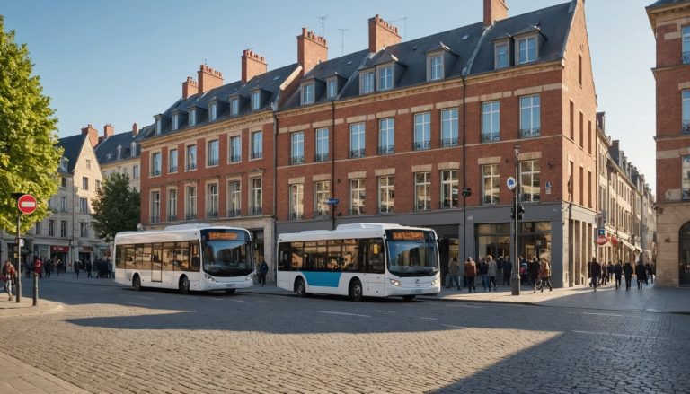 Rue commerçante d'une ville française avec un bus urbain à un arrêt