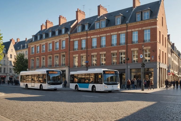 Rue commerçante d'une ville française avec un bus urbain à un arrêt