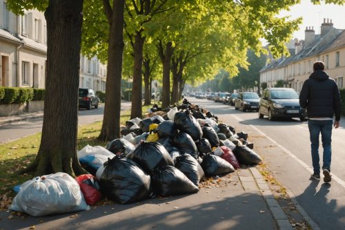 Dépôt sauvage de déchets sur un trottoir dans une rue résidentielle française
