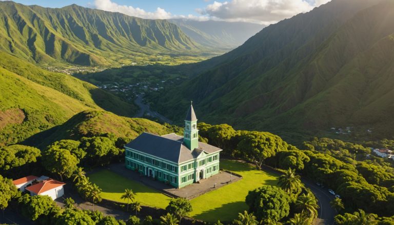 Bâtiment municipal dans un paysage tropical vallonné de La Réunion