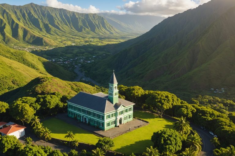 Bâtiment municipal dans un paysage tropical vallonné de La Réunion