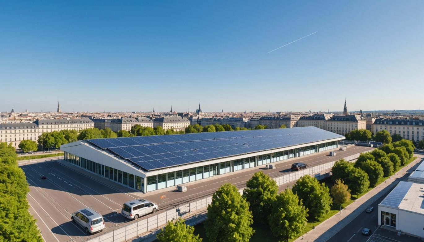 Panneaux solaires sur le toit d'un dépôt de métro à Rennes, ciel bleu et silhouette urbaine
