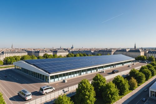 Panneaux solaires sur le toit d'un dépôt de métro à Rennes, ciel bleu et silhouette urbaine