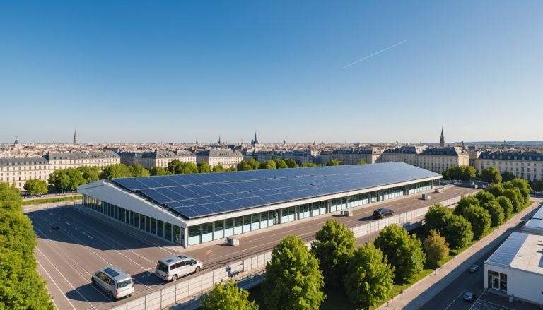 Panneaux solaires sur le toit d'un dépôt de métro à Rennes, ciel bleu et silhouette urbaine