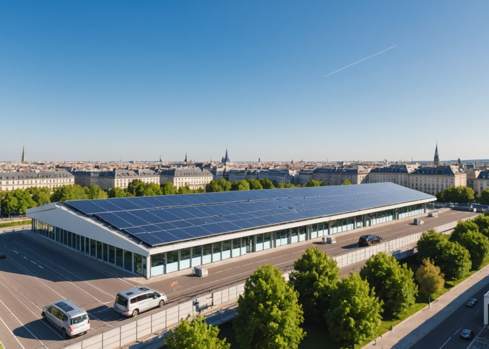 Panneaux solaires sur le toit d'un dépôt de métro à Rennes, ciel bleu et silhouette urbaine