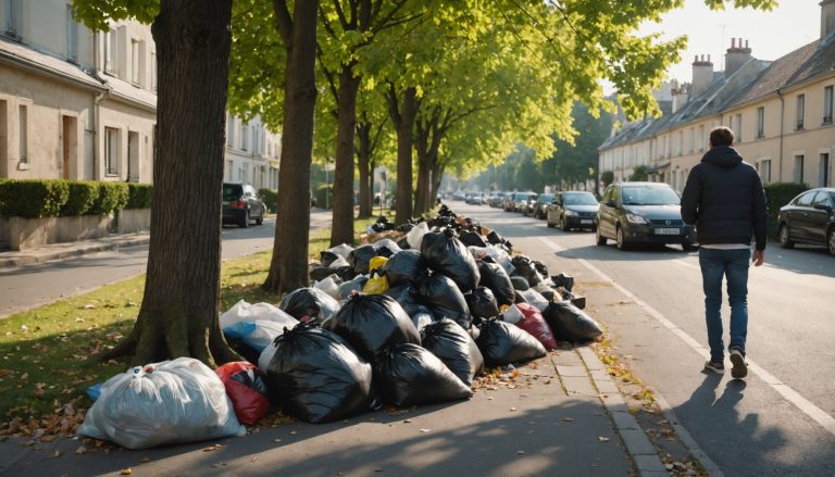 Dépôt sauvage de déchets sur un trottoir dans une rue résidentielle française