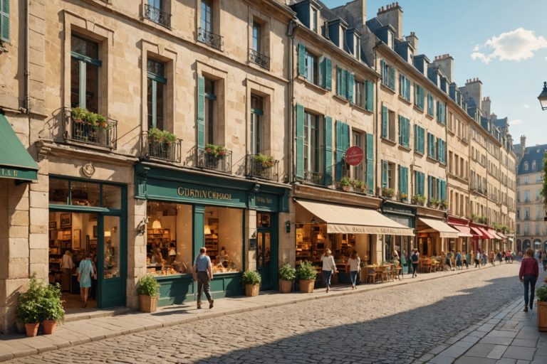 Rue commerçante de centre-ville avec vitrines et passants, illustration du renouveau commercial à Angers