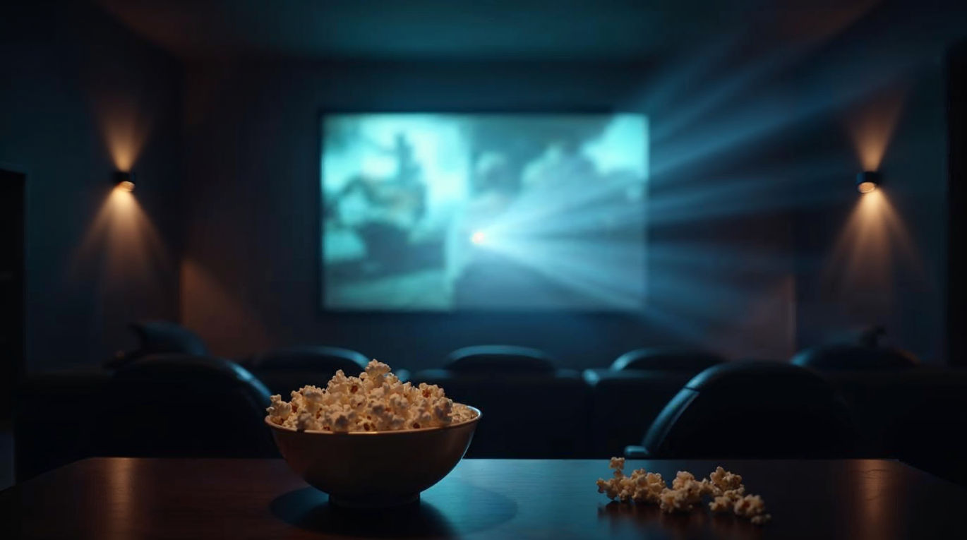 Home cinema avec videoprojecteur diffusant une scene de film floutee