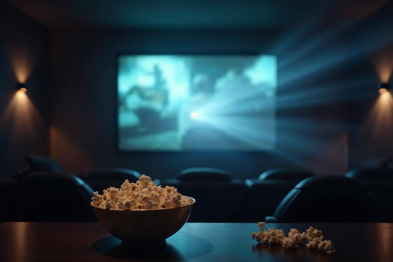 Home cinema avec videoprojecteur diffusant une scene de film floutee