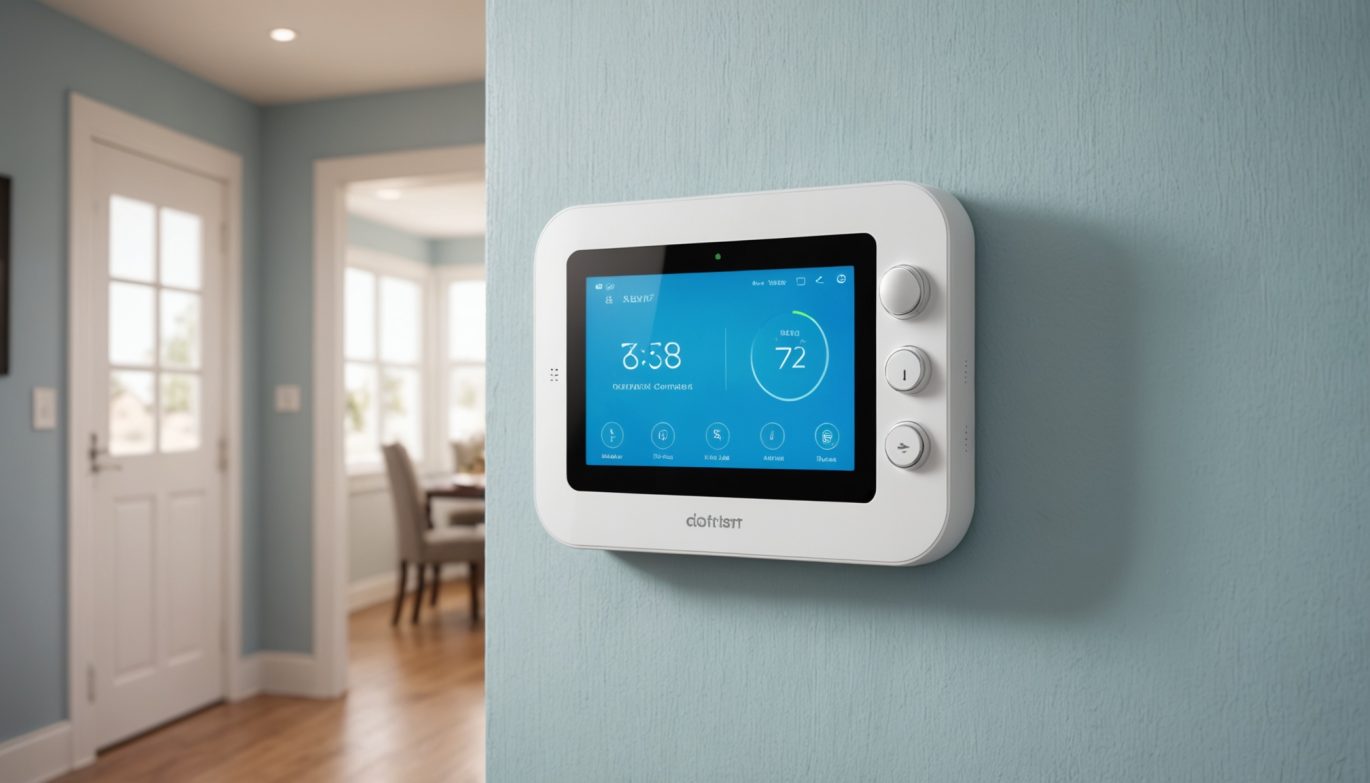 Panneau de contrôle d'une alarme maison connectée installé près d'une porte d'entrée