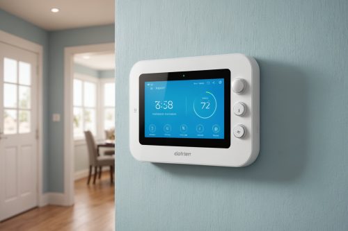 Panneau de contrôle d'une alarme maison connectée installé près d'une porte d'entrée