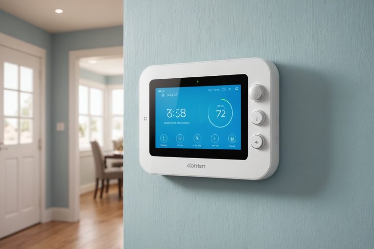 Panneau de contrôle d'une alarme maison connectée installé près d'une porte d'entrée