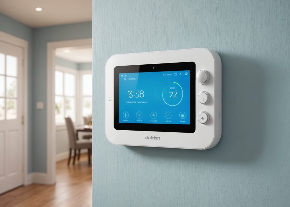 Panneau de contrôle d'une alarme maison connectée installé près d'une porte d'entrée