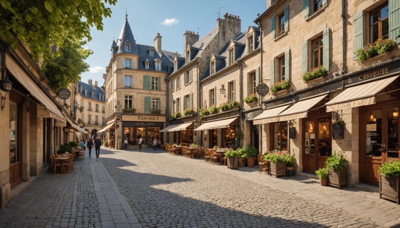 Rue commerçante d'un centre-ville historique en France avec boutiques indépendantes
