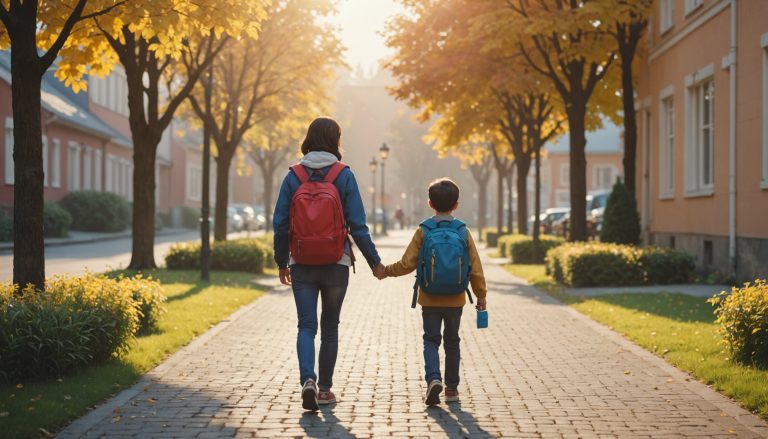 Parent et enfant avec cartable se rendant à l'école le matin