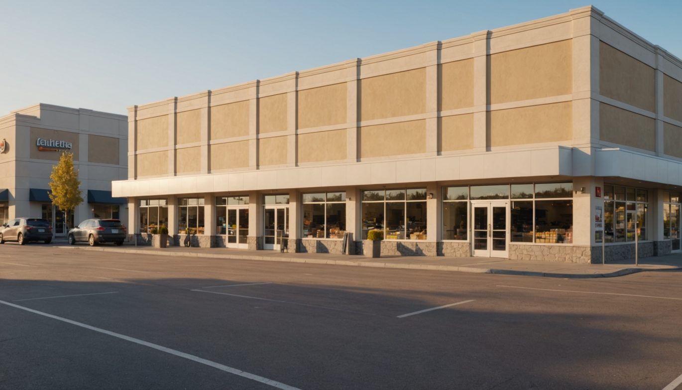 Bâtiment commercial rénové avec parking, ambiance ville française