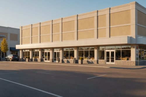Bâtiment commercial rénové avec parking, ambiance ville française