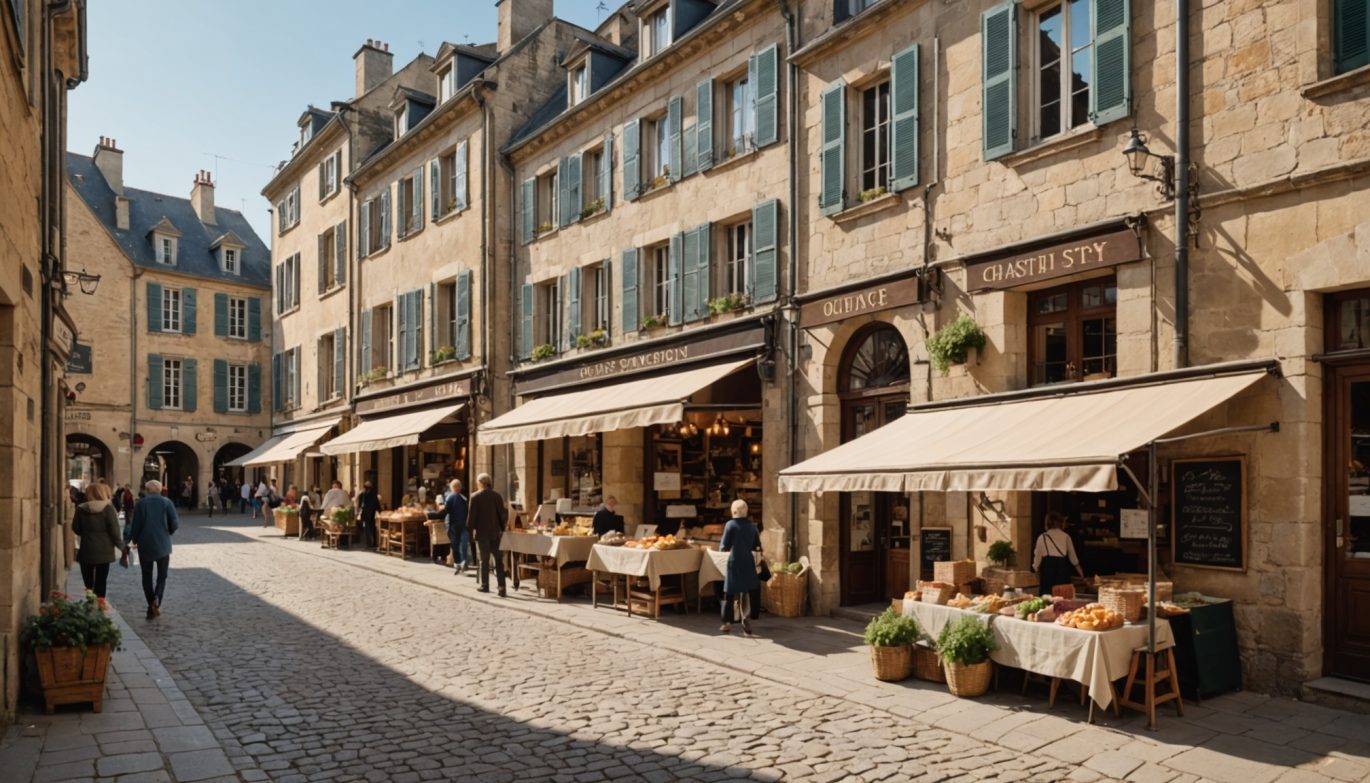 Rue commerçante animée dans un centre-ville français avec commerces et clients