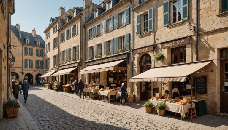 Rue commerçante animée dans un centre-ville français avec commerces et clients
