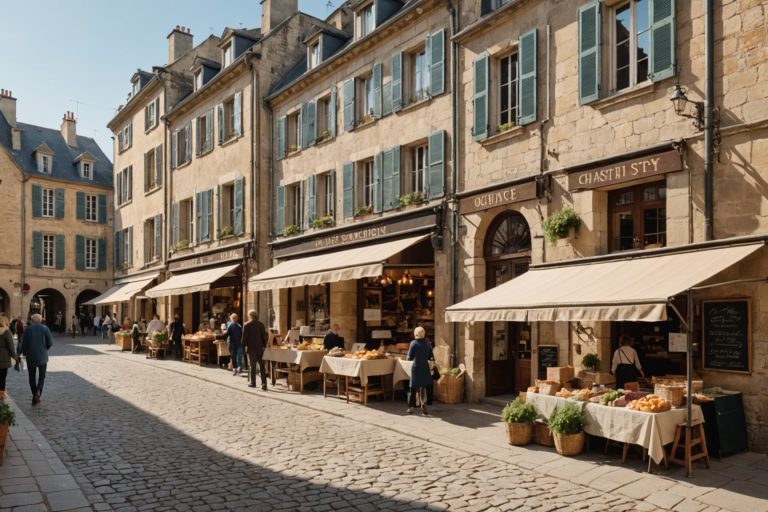 Rue commerçante animée dans un centre-ville français avec commerces et clients