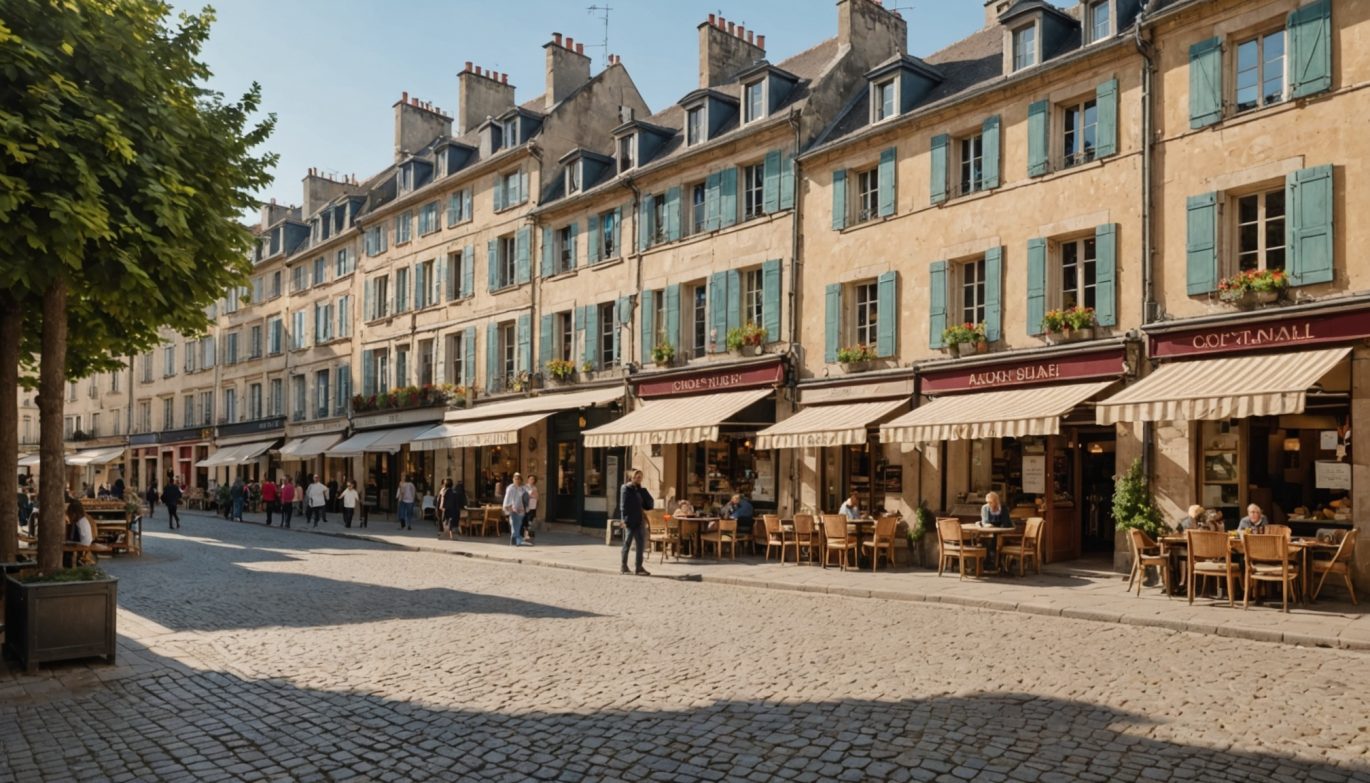 Rue commerçante d'un centre-ville français avec devantures de commerces
