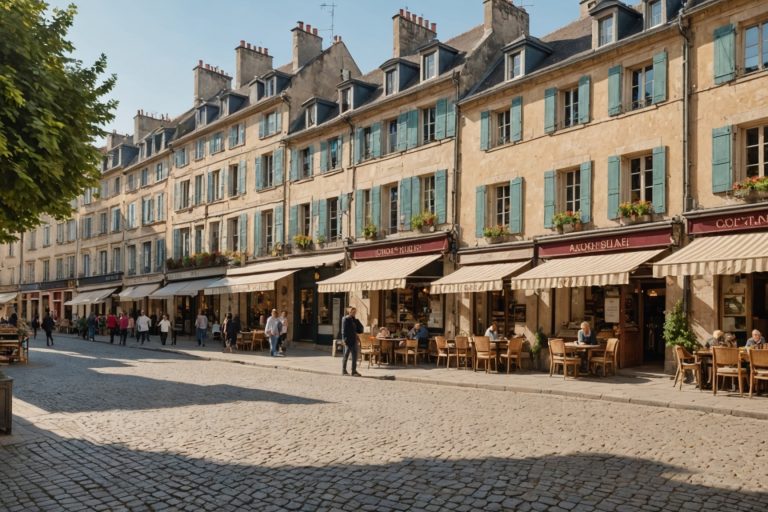 Rue commerçante d'un centre-ville français avec devantures de commerces
