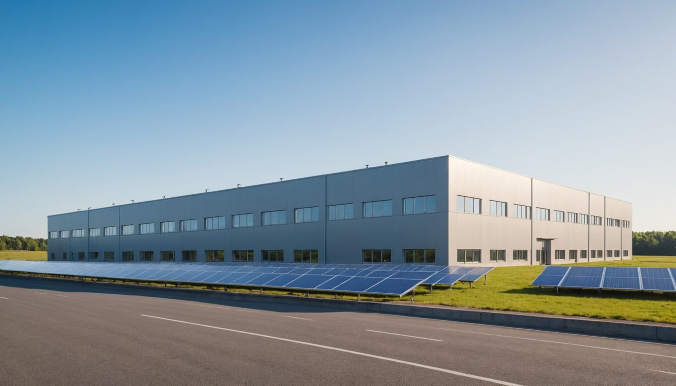 Bâtiment industriel moderne avec panneaux solaires, illustration du nouveau site Schneider Electric à Évreux