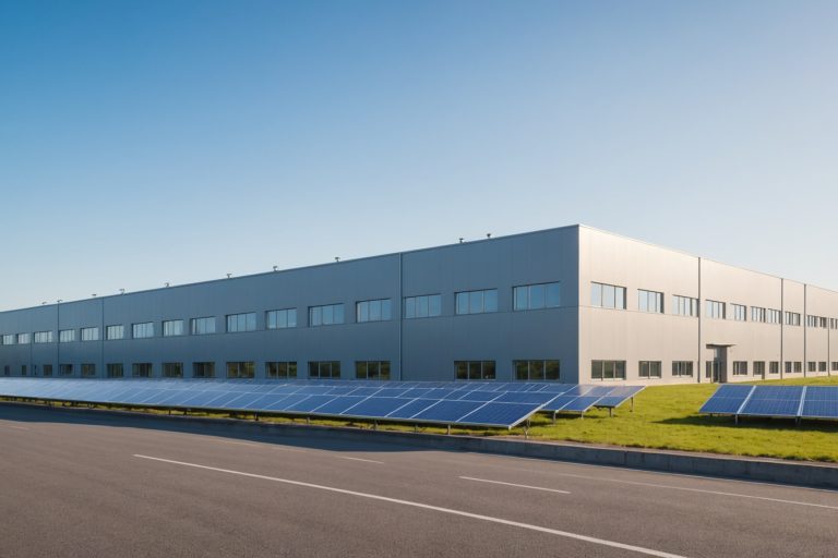 Bâtiment industriel moderne avec panneaux solaires, illustration du nouveau site Schneider Electric à Évreux