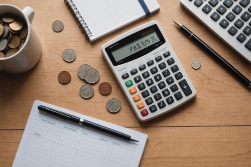 Calculatrice, carnet et pièces sur un bureau, symbole de planification budgétaire