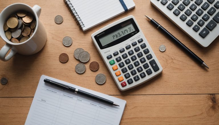 Calculatrice, carnet et pièces sur un bureau, symbole de planification budgétaire