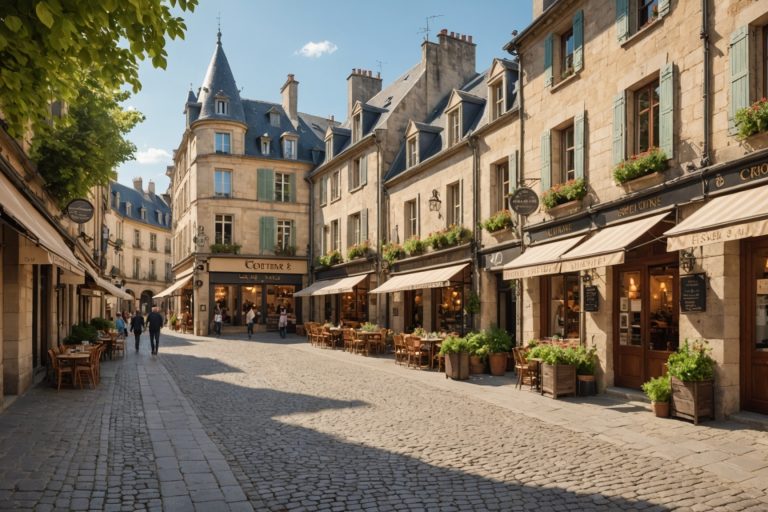 Rue commerçante d'un centre-ville historique en France avec boutiques indépendantes
