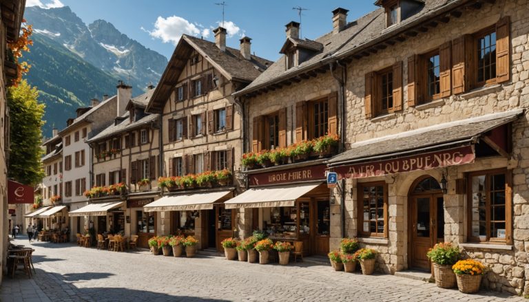 Rue commerçante d'un village de montagne français avec des devantures de commerces