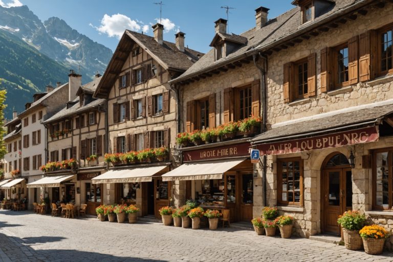 Rue commerçante d'un village de montagne français avec des devantures de commerces