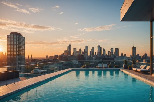 Rooftop de spa urbain avec piscine surplombant un fleuve, illustration générée par IA