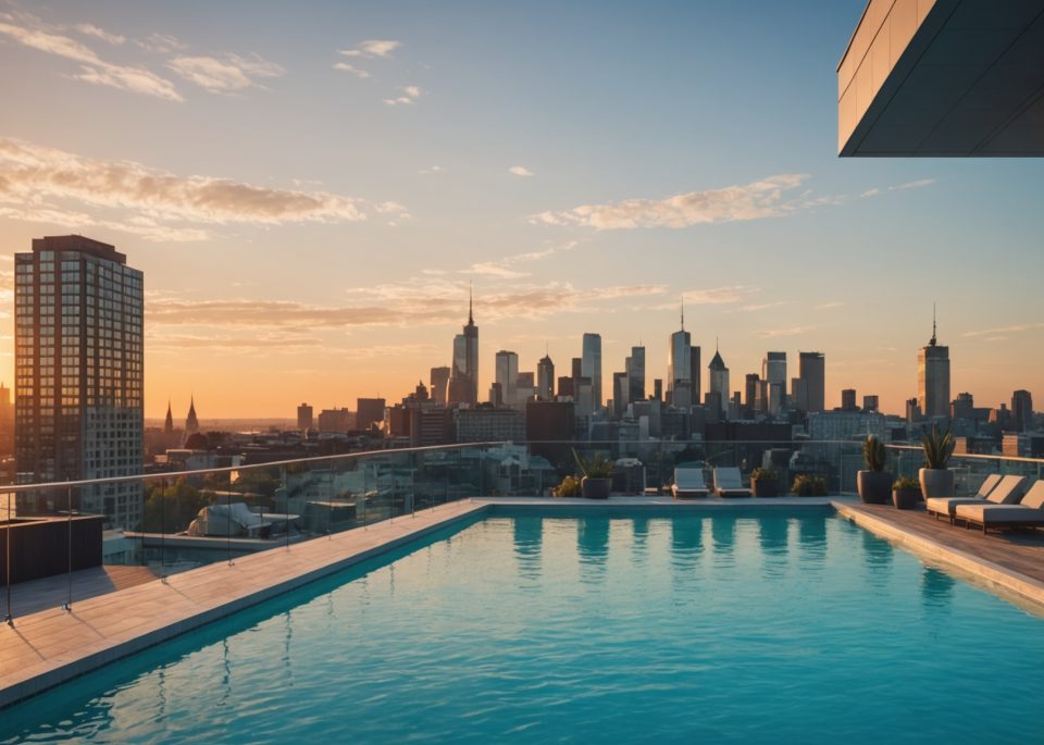 Rooftop de spa urbain avec piscine surplombant un fleuve, illustration générée par IA