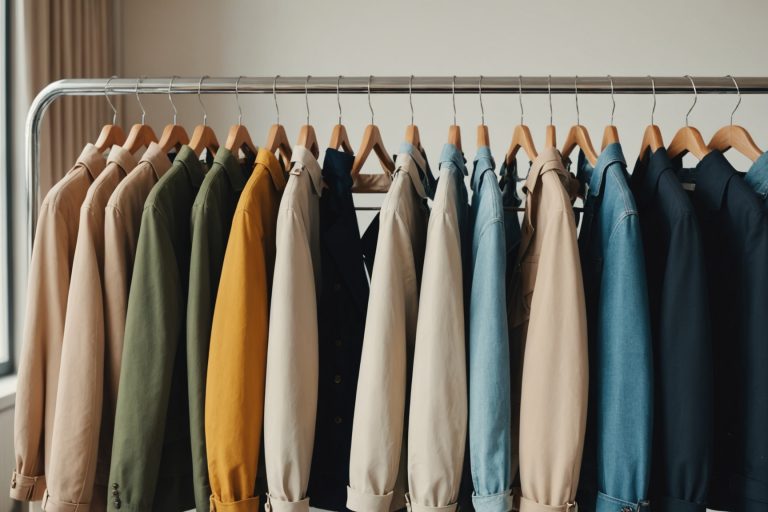 Illustration générée par IA d'une sélection de vestes femme présentées en boutique, ne représente pas un modèle exact