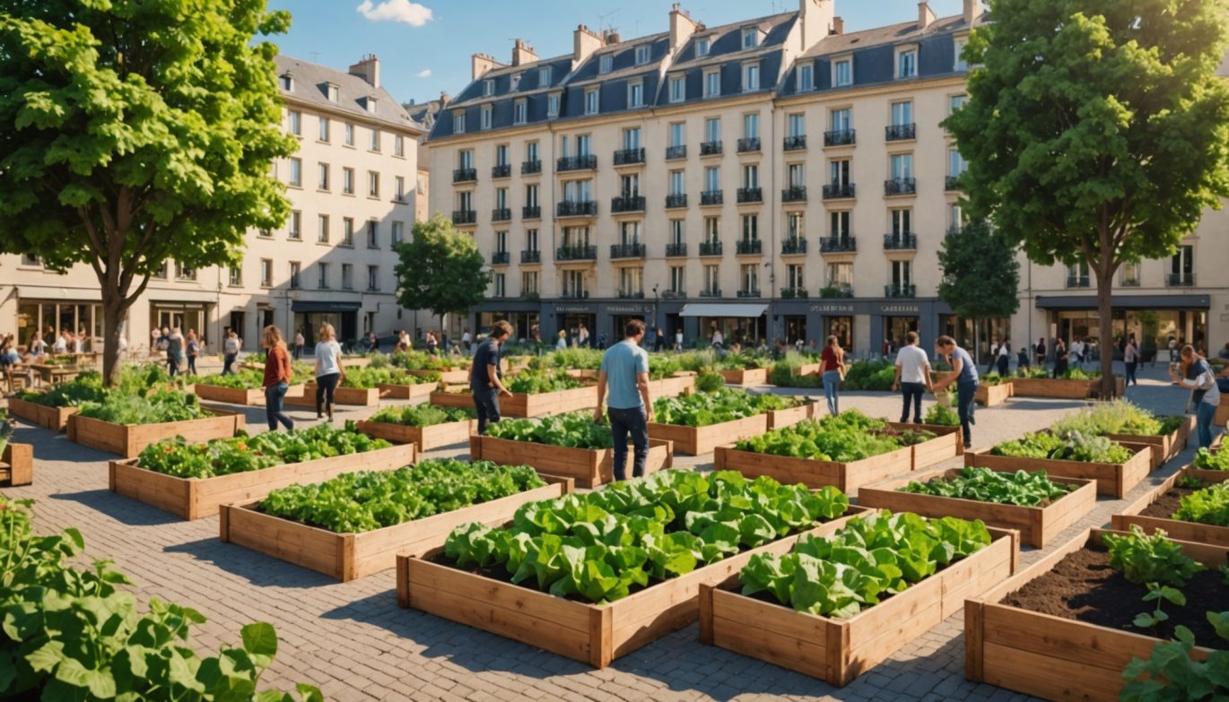 Jardin partagé communautaire en ville avec potagers et habitants