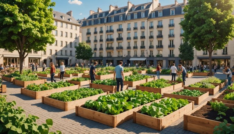 Jardin partagé communautaire en ville avec potagers et habitants