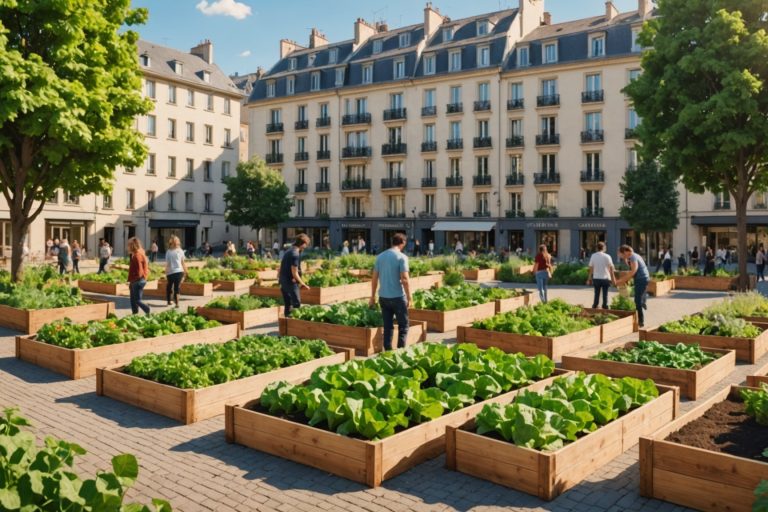 Jardin partagé communautaire en ville avec potagers et habitants