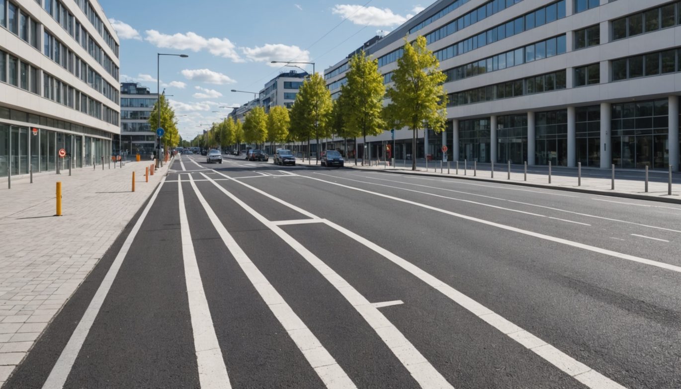 Illustration générée par IA d'un boulevard urbain en travaux près d'un hôpital moderne, ne représente pas le lieu exact